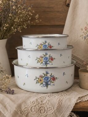 Vintage Floral Enamel Mixing Bowls - White with Multicolor Floral Print